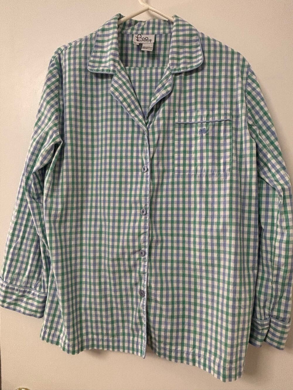 Lilly Pulitzer Womens 2 Piece Pajama Set Large L Cotton Gingham Plaid Blue Green